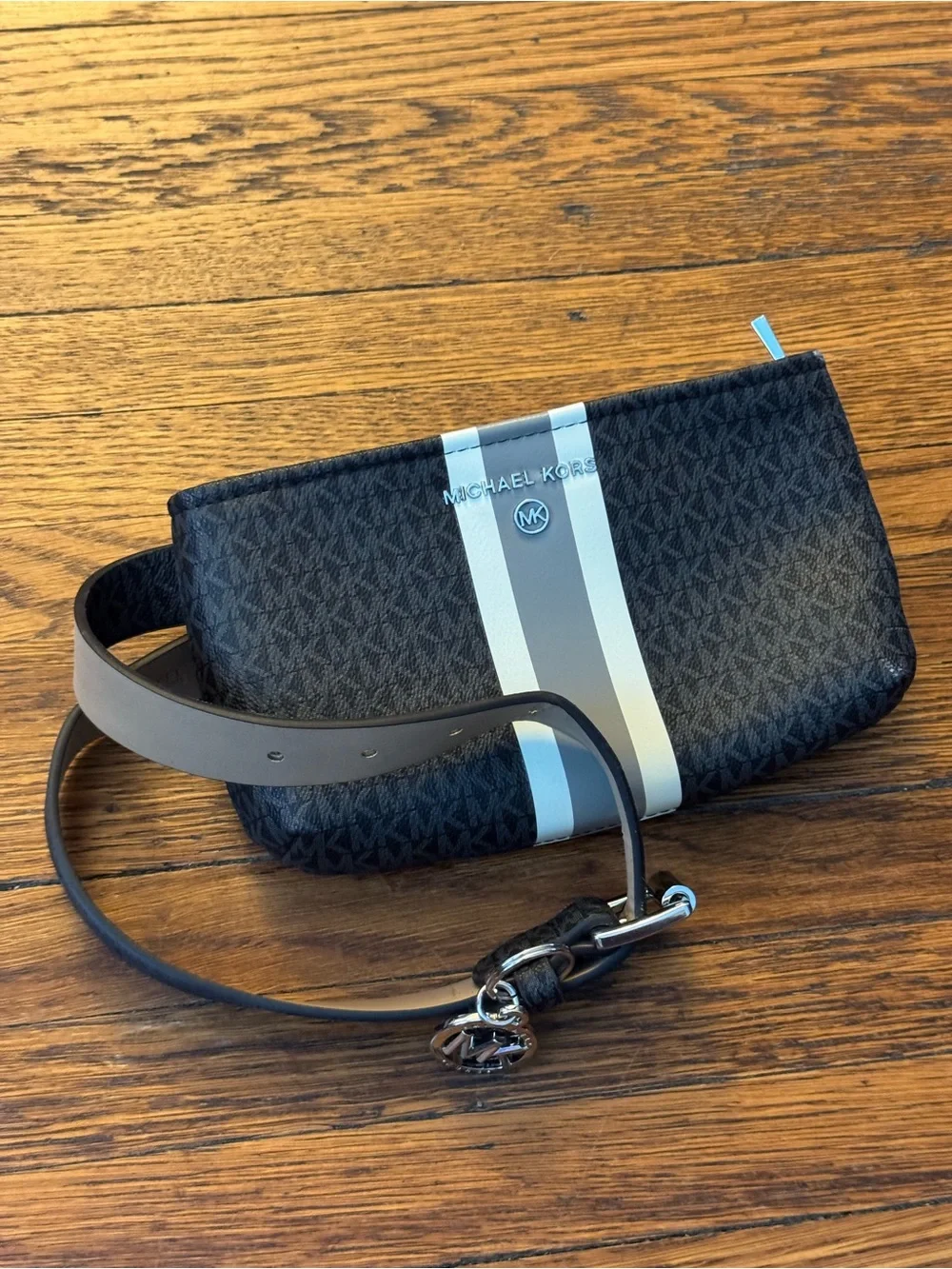 Michael Kors Black Crossbody Belt Bag with Gray and White Racing Stripe
